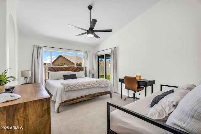 1320 E Scott Ave, Gilbert, AZ 85234 - bedroom with access to outside, vaulted ceiling, carpet flooring, and a ceiling fan