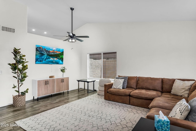 1320 E Scott Ave, Gilbert, AZ 85234 - living area featuring a ceiling fan, wood finished floors, high vaulted ceiling, and recessed lighting