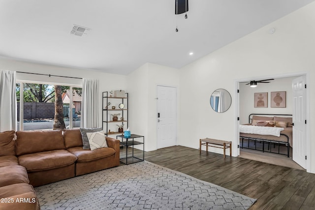 1320 E Scott Ave, Gilbert, AZ 85234 - living room with a ceiling fan, wood finished floors, lofted ceiling, and recessed lighting