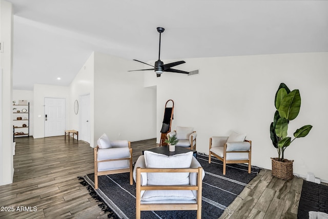 1320 E Scott Ave, Gilbert, AZ 85234 - living area featuring lofted ceiling, wood finished floors, and a ceiling fan