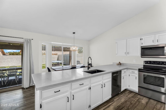 1320 E Scott Ave, Gilbert, AZ 85234 - kitchen with stainless steel appliances, a sink, a peninsula, dark wood-style floors, and vaulted ceiling