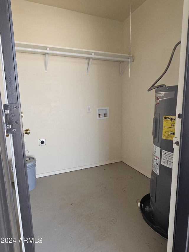 clothes washing area with hookup for a washing machine, hookup for an electric dryer, and water heater