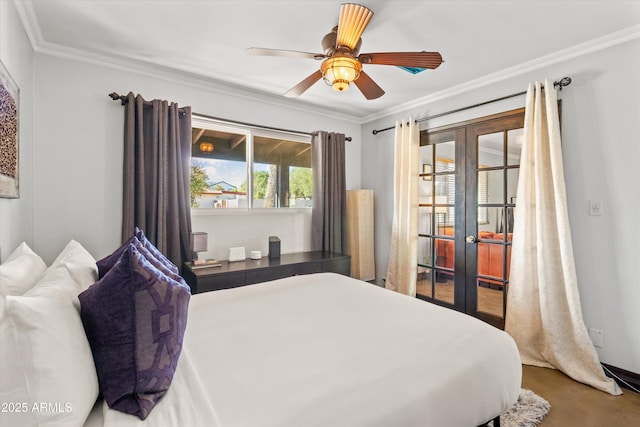 bedroom with french doors, ceiling fan, and crown molding