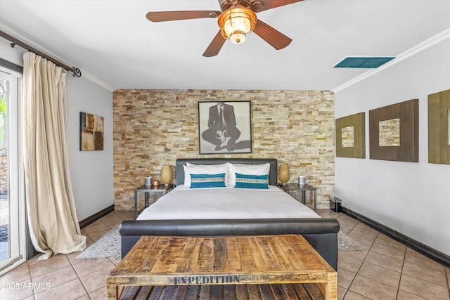 tiled bedroom with ornamental molding, access to exterior, and ceiling fan