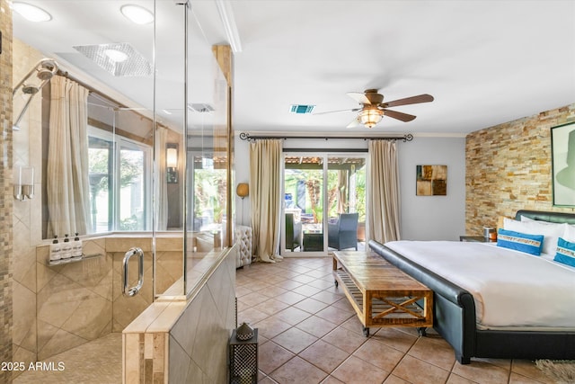 tiled bedroom featuring access to outside and ornamental molding