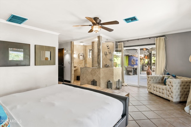 bedroom featuring ceiling fan, ornamental molding, access to exterior, and light tile patterned floors