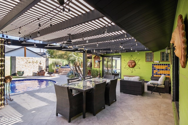 view of patio / terrace with a fenced in pool, an outdoor hangout area, and a pergola