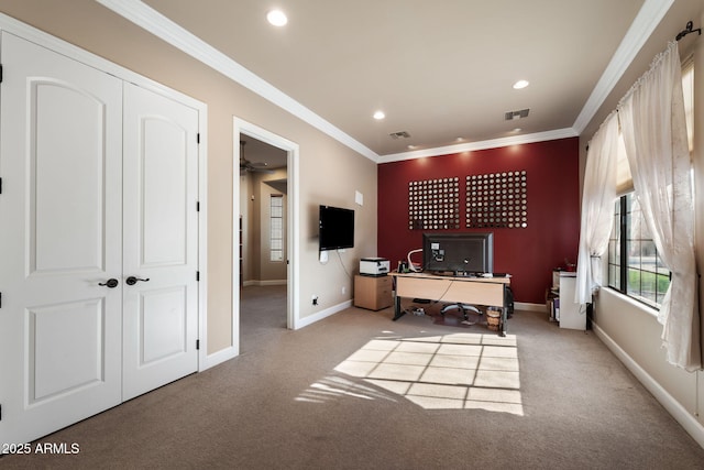 office space featuring ornamental molding and carpet floors