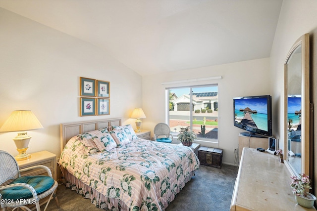 bedroom with lofted ceiling and dark colored carpet