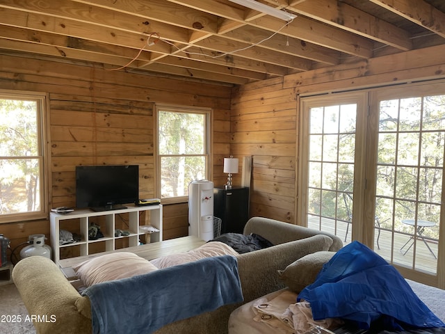 living area featuring wooden walls