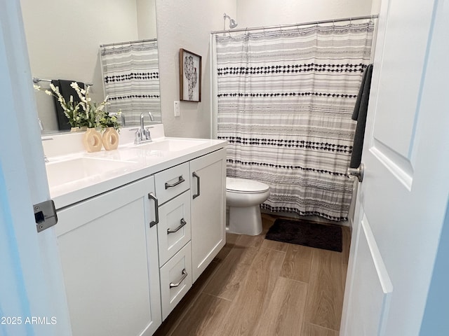 bathroom featuring toilet, vanity, and curtained shower