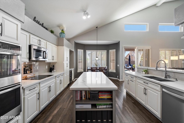 kitchen featuring stainless steel appliances, a sink, dark wood-style flooring, backsplash, and high vaulted ceiling