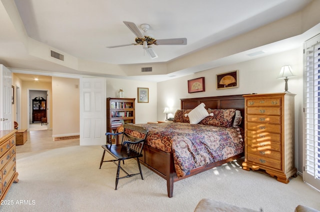 18919 E Reata Ln, Rio Verde, AZ 85263 - bedroom featuring ceiling fan, visible vents, and light colored carpet