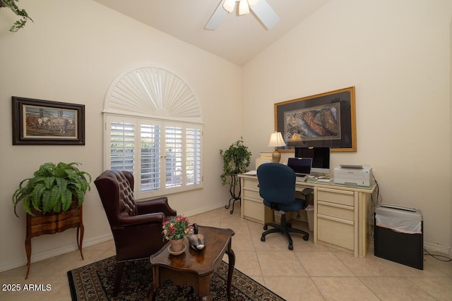 office featuring light tile patterned floors, baseboards, high vaulted ceiling, and a ceiling fan