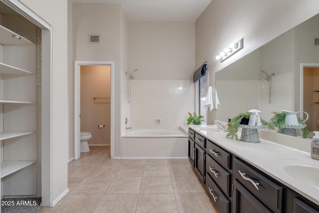 full bathroom with vanity, toilet, independent shower and bath, and tile patterned flooring