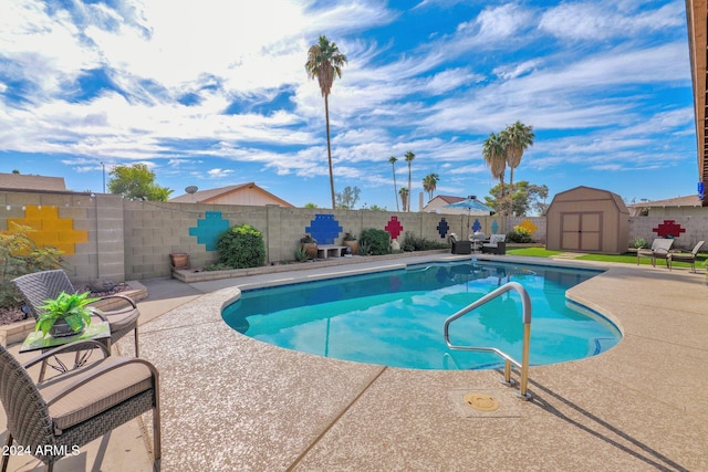 view of swimming pool with a patio and a storage unit