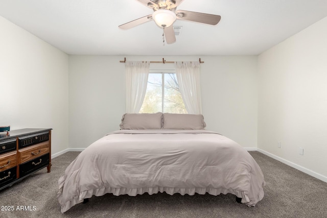 bedroom with carpet floors, ceiling fan, visible vents, and baseboards