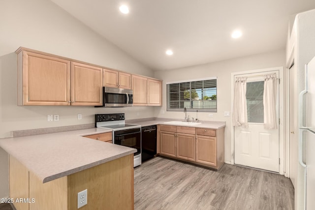 860 N Mcqueen Rd Unit 1157, Chandler, AZ 85225 - kitchen featuring electric range oven, light brown cabinetry, stainless steel microwave, a sink, and black dishwasher