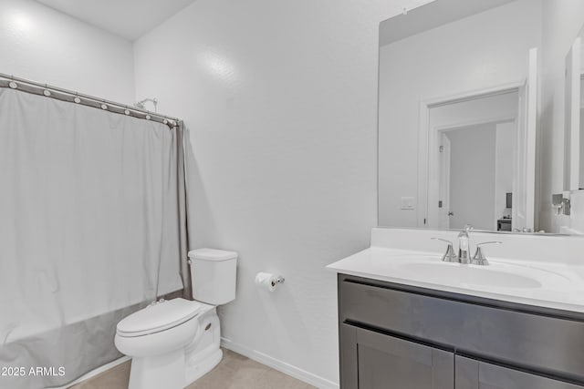 full bathroom featuring tile patterned floors, vanity, toilet, and shower / bathtub combination with curtain