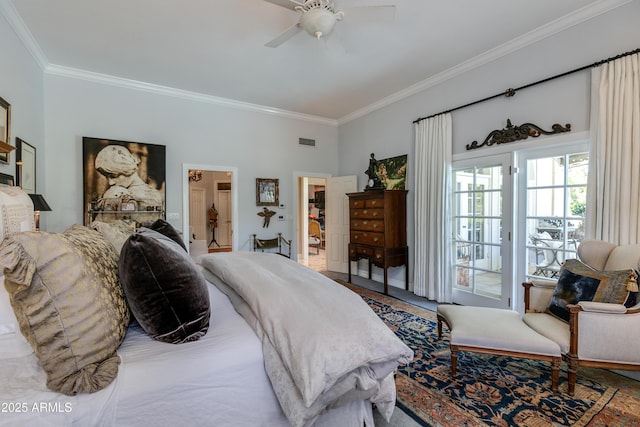 bedroom with crown molding, access to outside, and ceiling fan