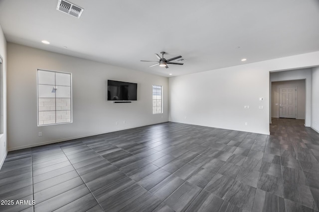 unfurnished living room featuring recessed lighting, visible vents, and ceiling fan