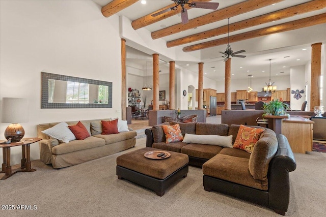 9435 E Hobart Cir, Mesa, AZ 85207 - living area with a ceiling fan, beamed ceiling, recessed lighting, light colored carpet, and a high ceiling