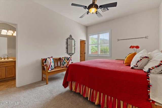 9435 E Hobart Cir, Mesa, AZ 85207 - bedroom featuring a sink, light colored carpet, ensuite bathroom, and a ceiling fan