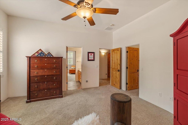 9435 E Hobart Cir, Mesa, AZ 85207 - bedroom with carpet flooring, ensuite bathroom, and ceiling fan