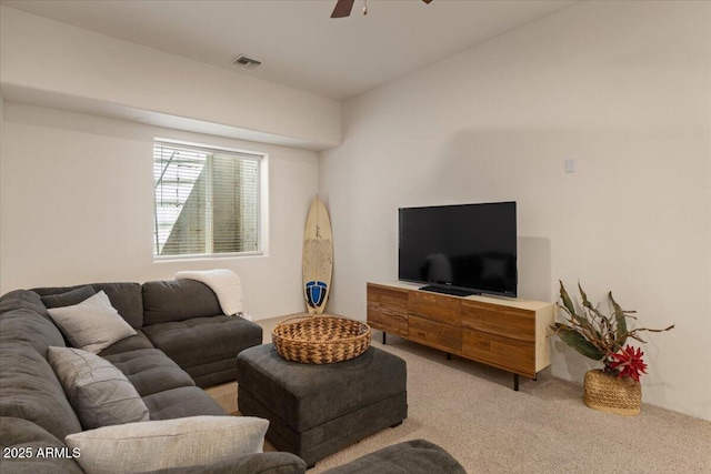 9435 E Hobart Cir, Mesa, AZ 85207 - living room featuring light carpet, a ceiling fan, and vaulted ceiling