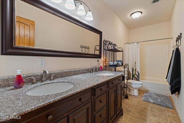 9435 E Hobart Cir, Mesa, AZ 85207 - full bathroom featuring toilet, double vanity, shower / tub combo with curtain, and tile patterned flooring