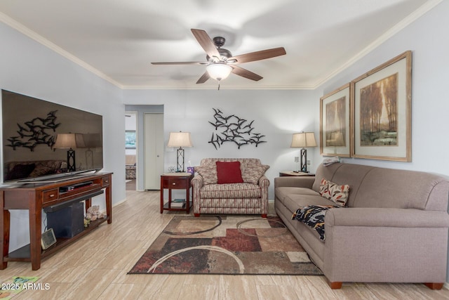 1925 W 12th Ave, Apache Junction, AZ 85120 - living room featuring crown molding, a ceiling fan, and wood finished floors