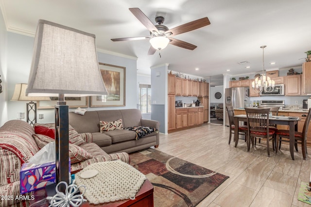 1925 W 12th Ave, Apache Junction, AZ 85120 - living room featuring a chandelier, ornamental molding, ceiling fan, and recessed lighting