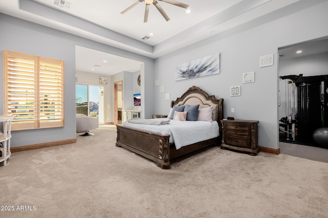 carpeted bedroom with recessed lighting, visible vents, and baseboards