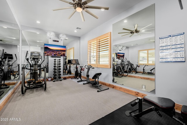 exercise area featuring visible vents, baseboards, carpet floors, recessed lighting, and ceiling fan