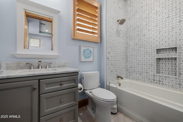 full bath featuring visible vents, toilet, tile patterned flooring, bathtub / shower combination, and vanity