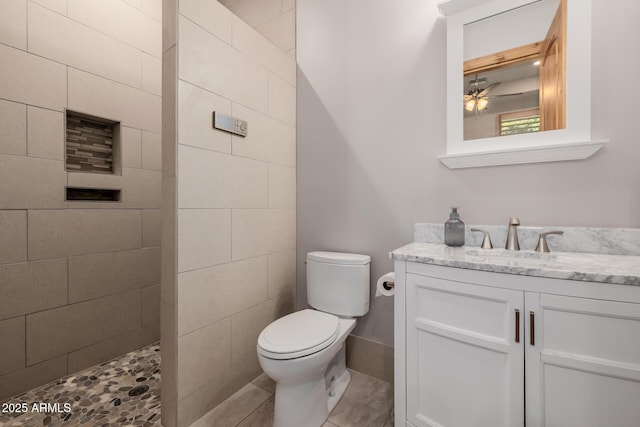 full bathroom featuring toilet, vanity, and a walk in shower