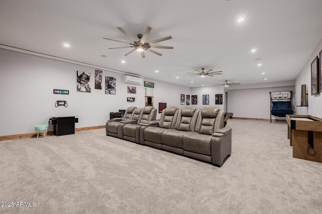 home theater featuring recessed lighting, light colored carpet, ceiling fan, and a wall unit AC