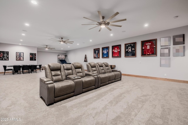 carpeted home theater room featuring recessed lighting, baseboards, and ceiling fan