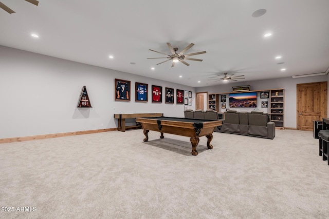 rec room with light carpet, pool table, and a ceiling fan