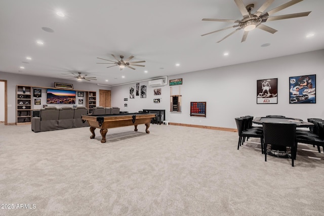 playroom featuring light carpet, a wall mounted AC, recessed lighting, pool table, and ceiling fan