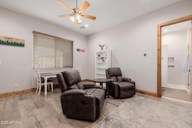 sitting room with visible vents, wood finished floors, recessed lighting, baseboards, and ceiling fan