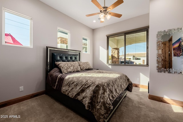 carpeted bedroom featuring recessed lighting, baseboards, and ceiling fan