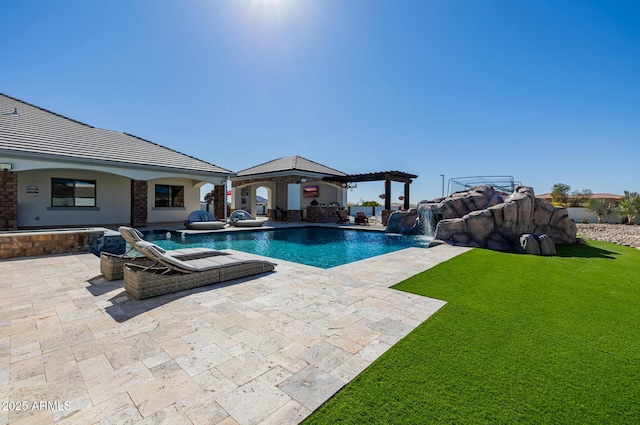 pool with a gazebo, a yard, a patio, and a hot tub