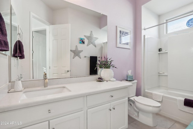 full bathroom with tile patterned floors, vanity, shower / bath combination with curtain, and toilet