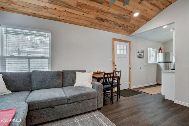 living room with dark hardwood / wood-style floors, vaulted ceiling, and wooden ceiling