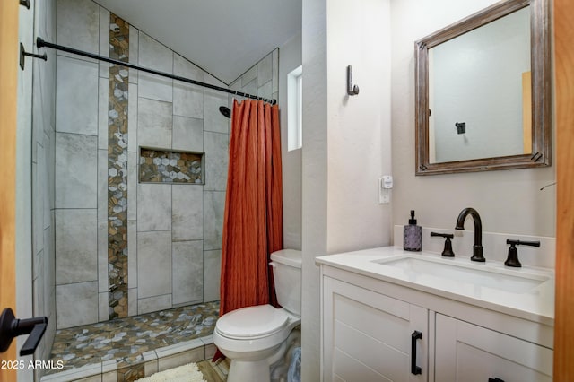 bathroom with walk in shower, vanity, and toilet