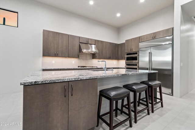 kitchen featuring backsplash, stainless steel appliances, an island with sink, sink, and light stone countertops