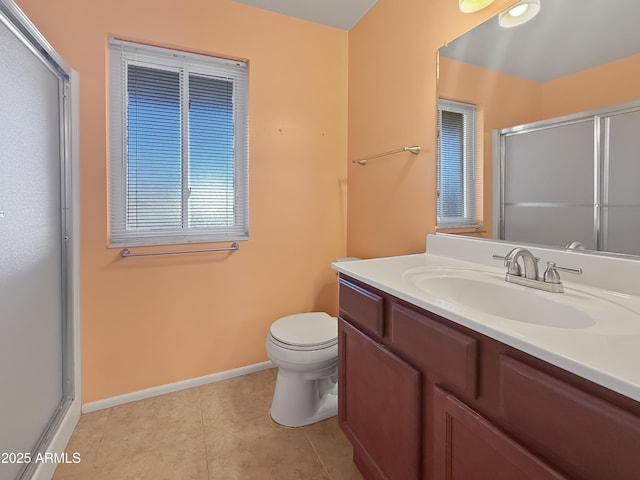 bathroom with toilet, a shower with door, tile patterned floors, and vanity