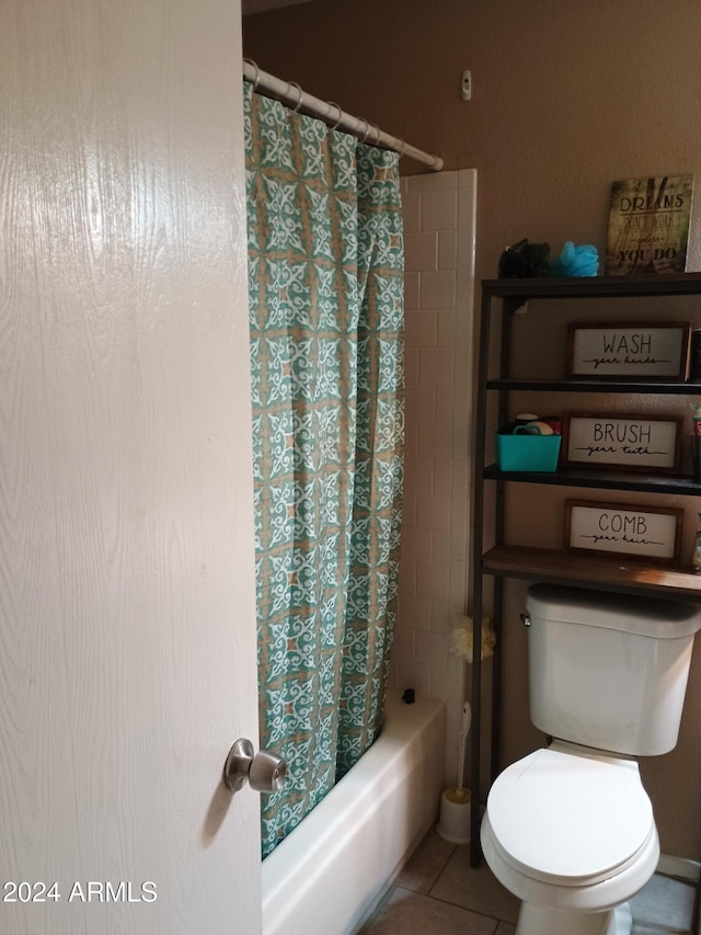 bathroom with tile patterned flooring, toilet, and shower / tub combo with curtain