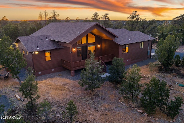 1748 Persimmon Ln, Heber, AZ 85928 - rustic home with crawl space, a wooden deck, and a shingled roof